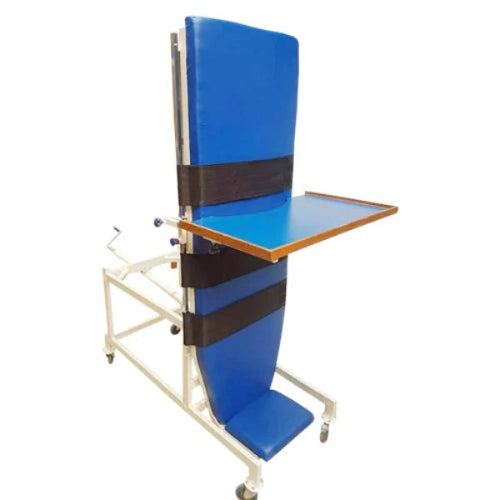 Blue patient lift with wooden platform on a white background