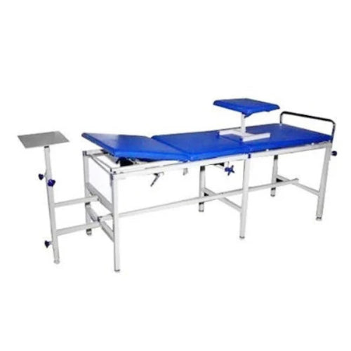 Medical examination table with blue surface and metal frame on a white background