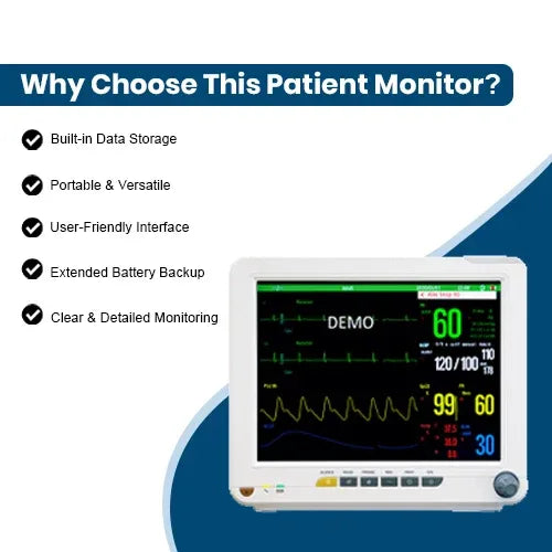 Patient monitor with features listed on a blue background