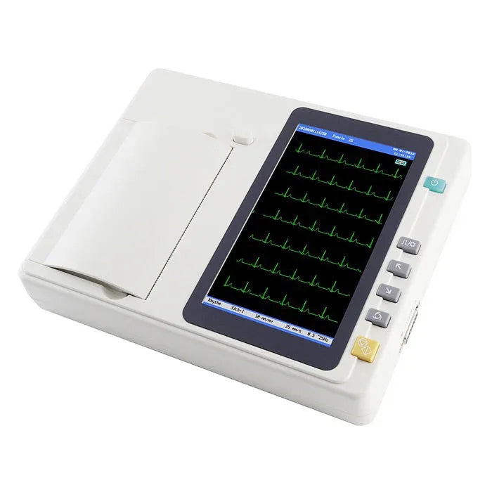 EKG machine with a screen displaying ECG waves on a white background
