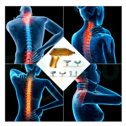 Illustration of a person with spinal pain and a gun with components on a black background