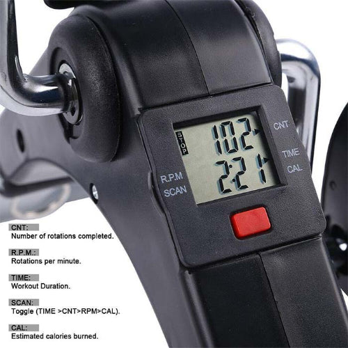 Digital fitness tracker on a bike handlebar with digital display and buttons.