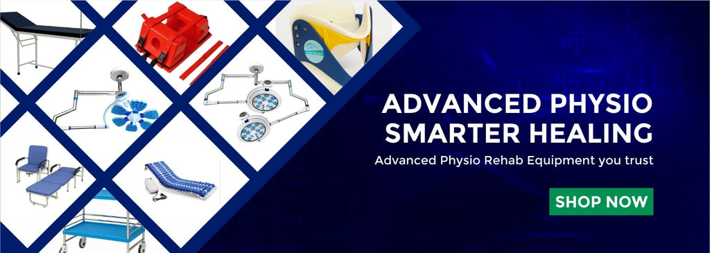 Promotional banner for advanced physio rehab equipment with images of medical devices and text on a blue background.