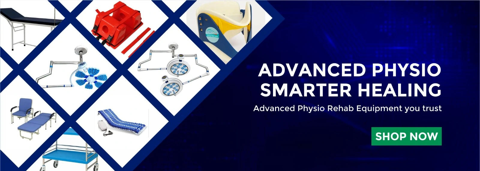 Promotional banner for advanced physio rehab equipment with images of medical devices and text on a blue background.