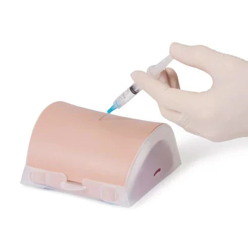 Hand with syringe injecting into a mannequin arm on a white background