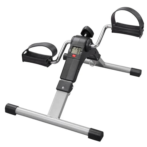 Mini exercise bike with digital display on a white background