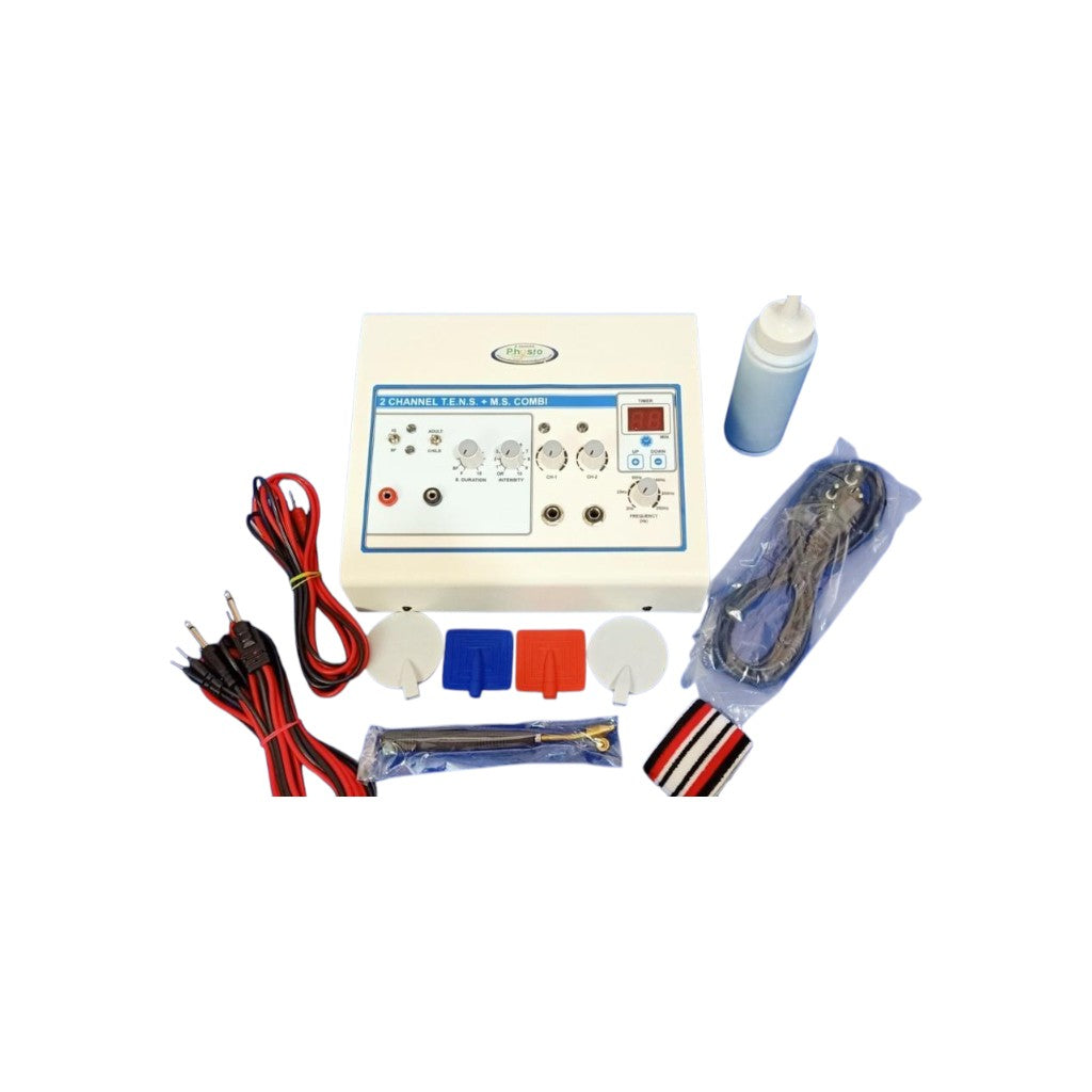 Electrical testing kit with multimeter, leads, and other components on a white background