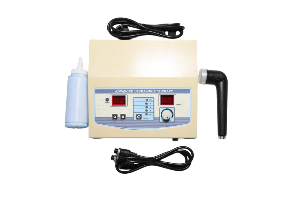 Advanced ultrasonic therapy device with control panel and attachments on a white background