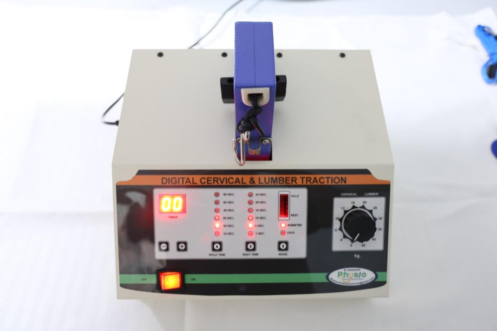 Digital cervical and lumbar traction device on a white background