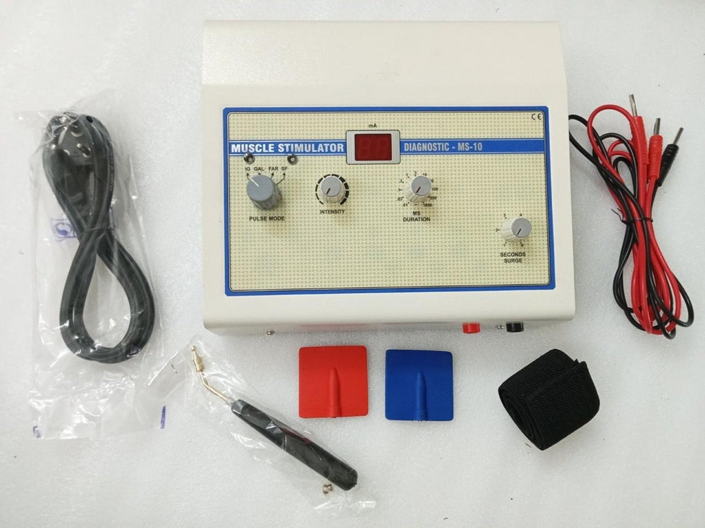 Muscle stimulator device with accessories on a white background