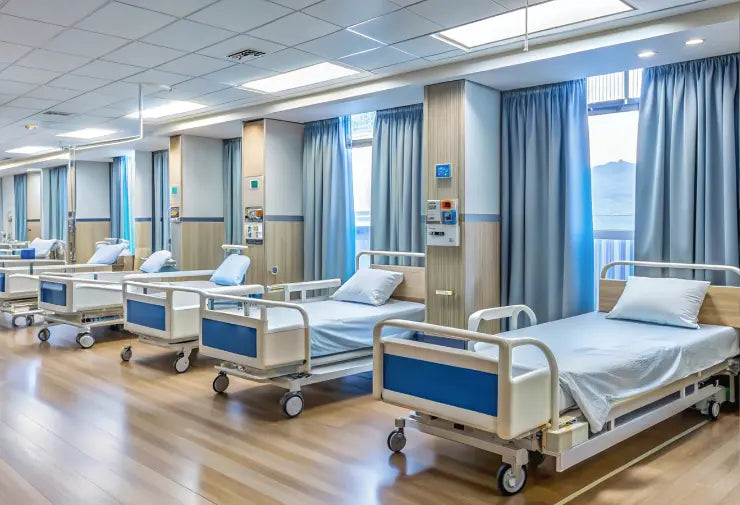 Hospital room with multiple beds and medical equipment