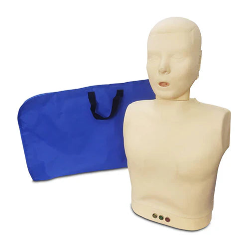 Mannequin chest for CPR training with a blue carrying bag on a white background