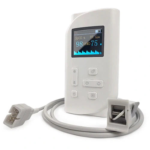 Medical device with digital display and cables on a white background