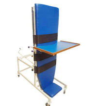 Blue patient lift with wooden platform on a white background