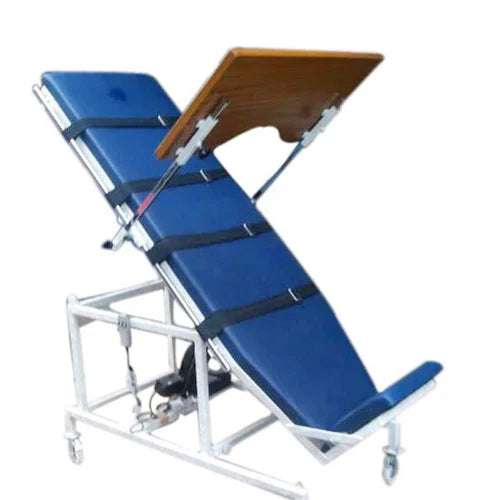 Blue examination table with a wooden board on a white background