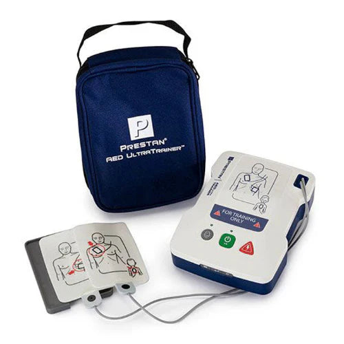Prestan AED UltraTrainer with blue carrying case on a white background