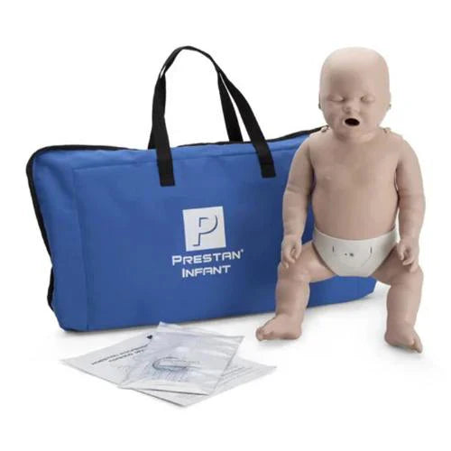 Prestan Infant CPR manikin with blue carrying bag and printed materials on a white background