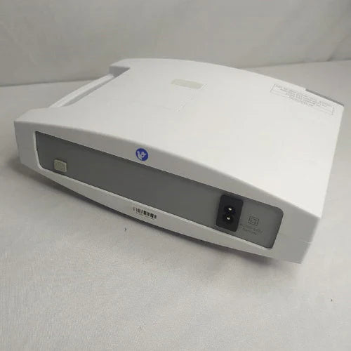 White electronic device with a brand logo on a gray background