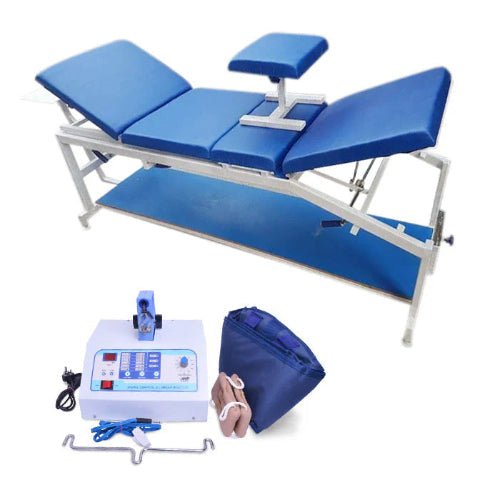 Blue massage table with control panel and accessories on a white background